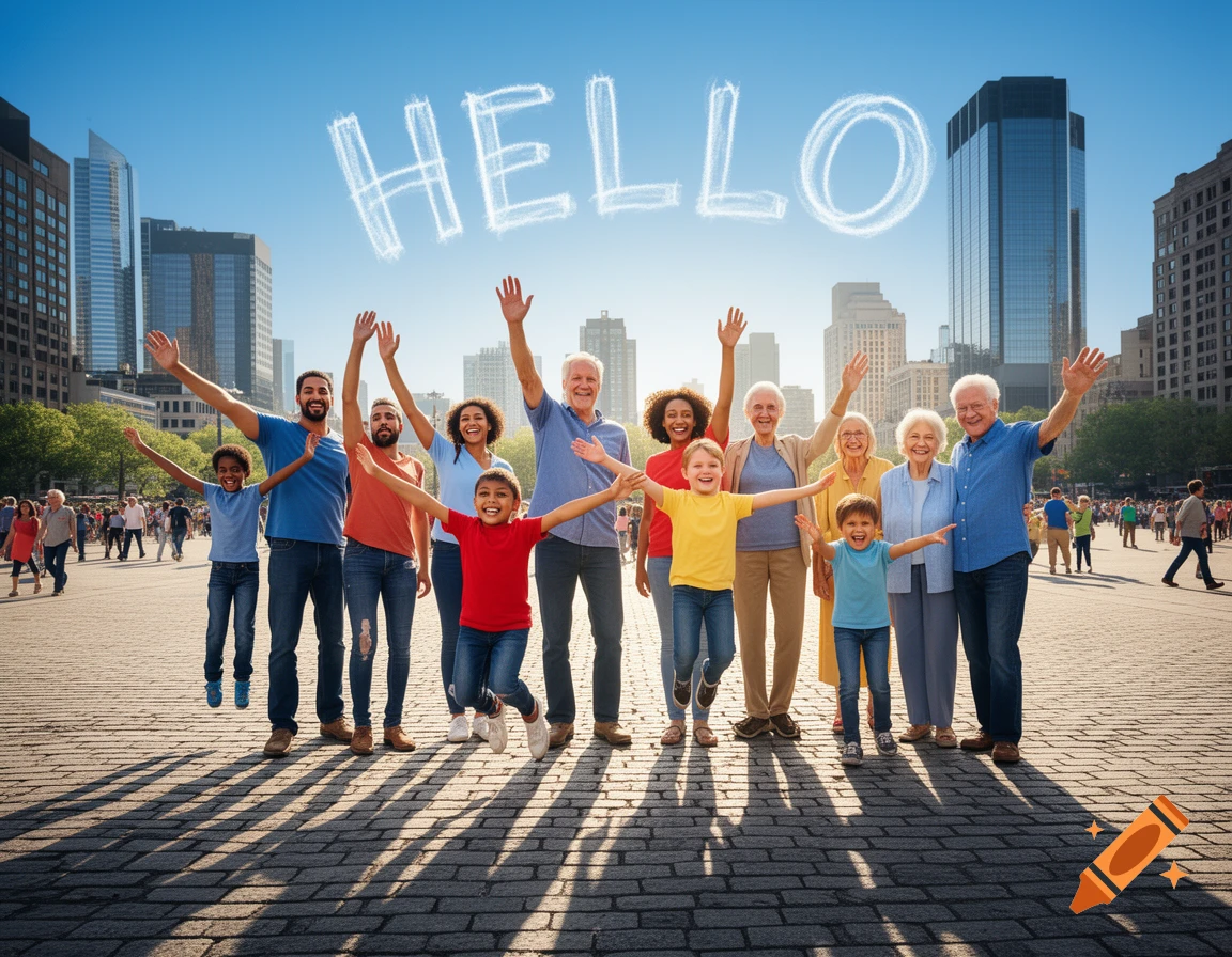 A diverse group of people of all ages wave happily at the viewer in a sunny city square with "HELLO" written in the sky.