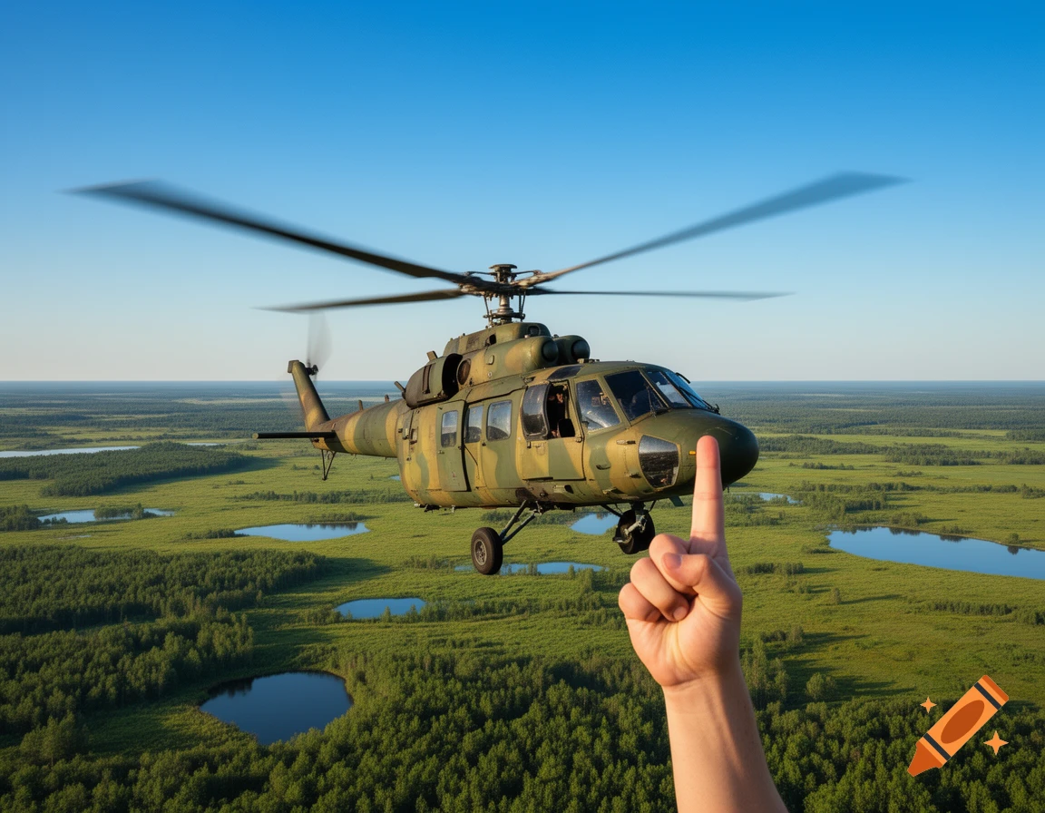 A photorealistic image of a military helicopter flying over a green, marshy landscape, with a large hand in the foreground giving a rude gesture.