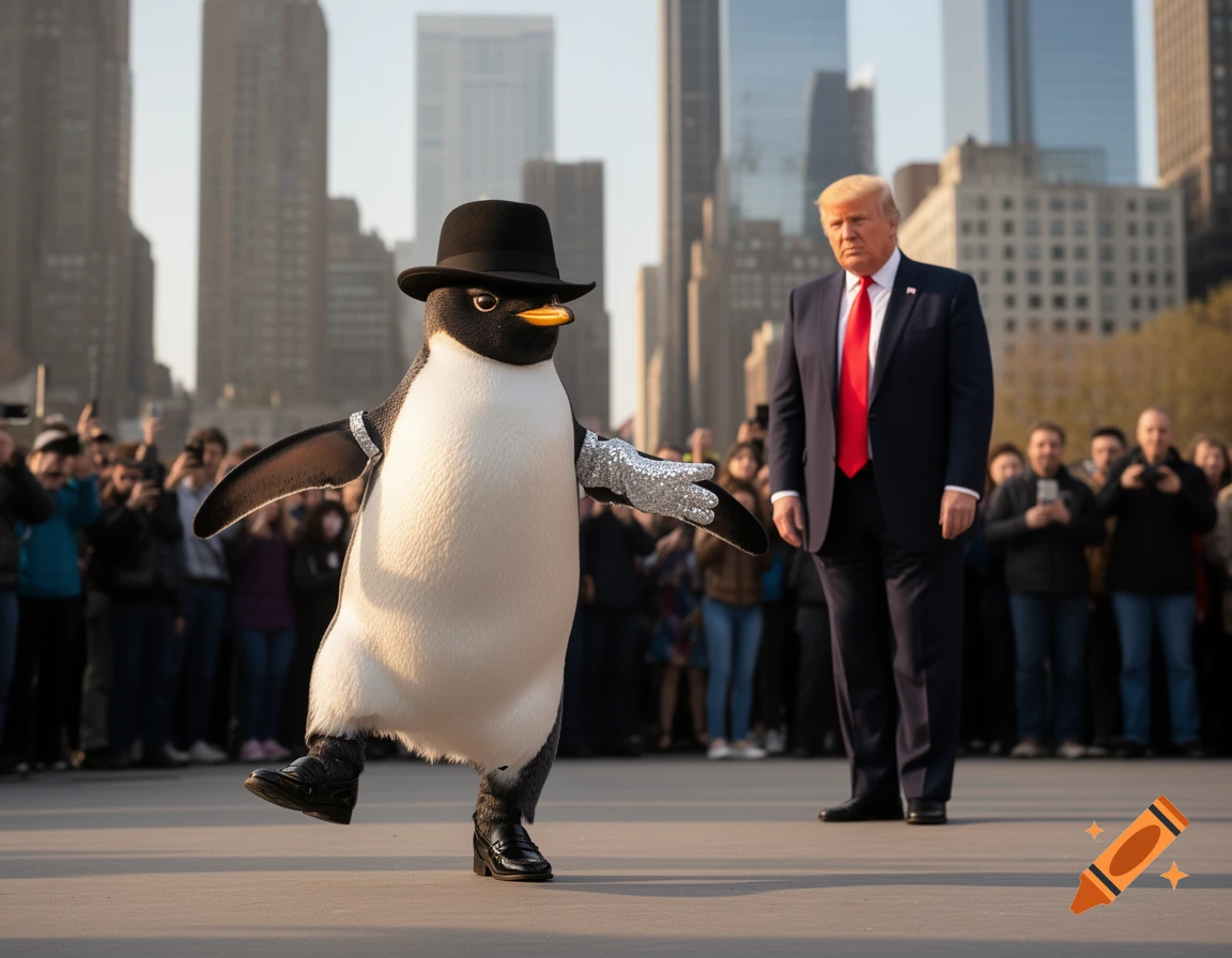A photorealistic image of a penguin dressed like Michael Jackson doing the moonwalk in front of Donald Trump on a city street.