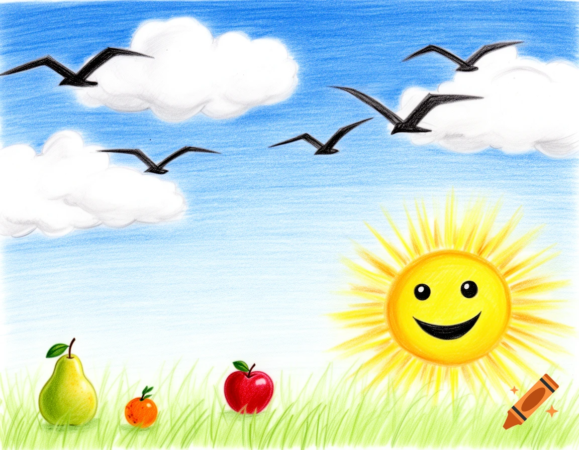 A colorful crayon drawing of a blue sky with white clouds and black birds, a smiling yellow sun, green grass, a pear, an apple, and a small orange.