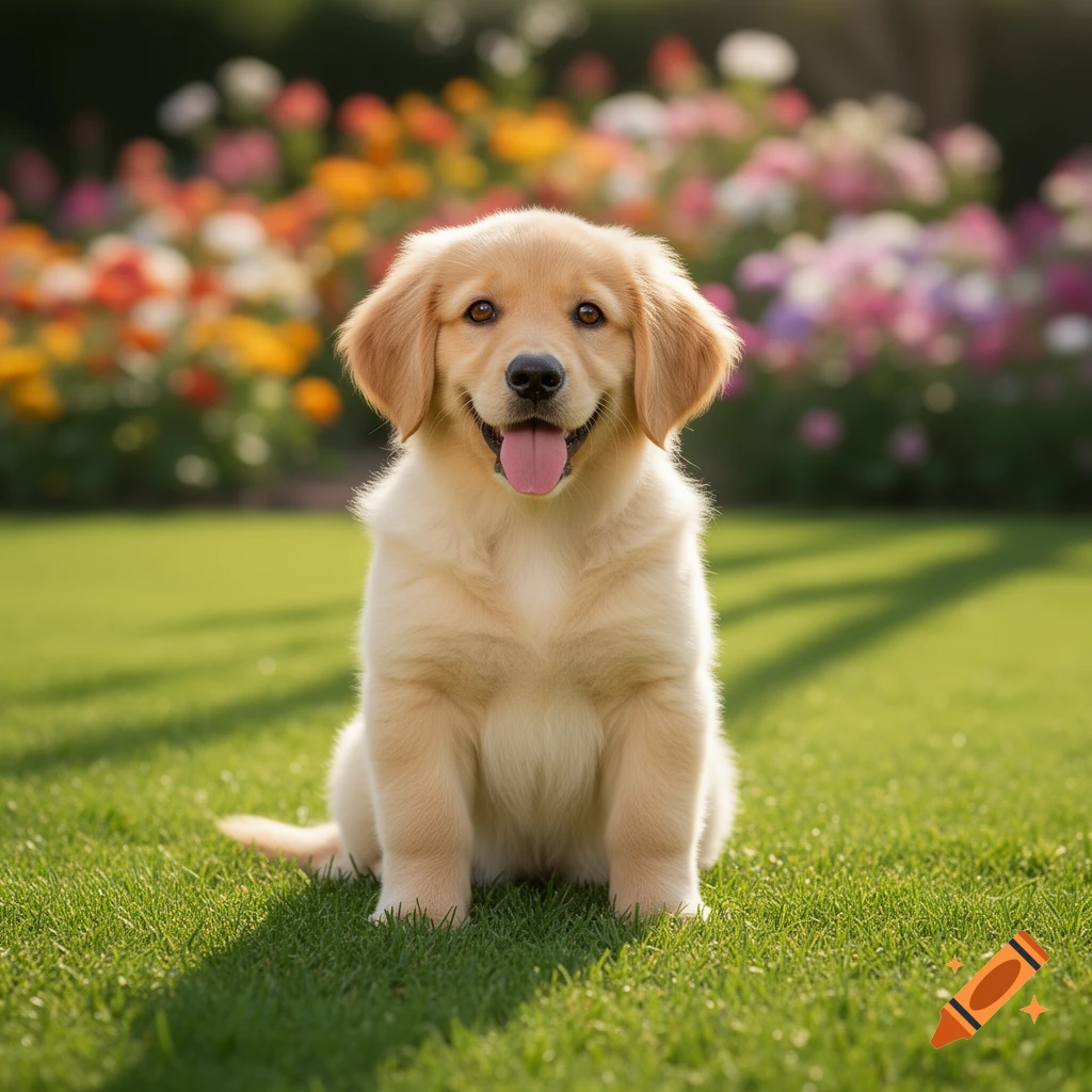 A golden retriever puppy sitting on green grass with colorful flowers in the background.