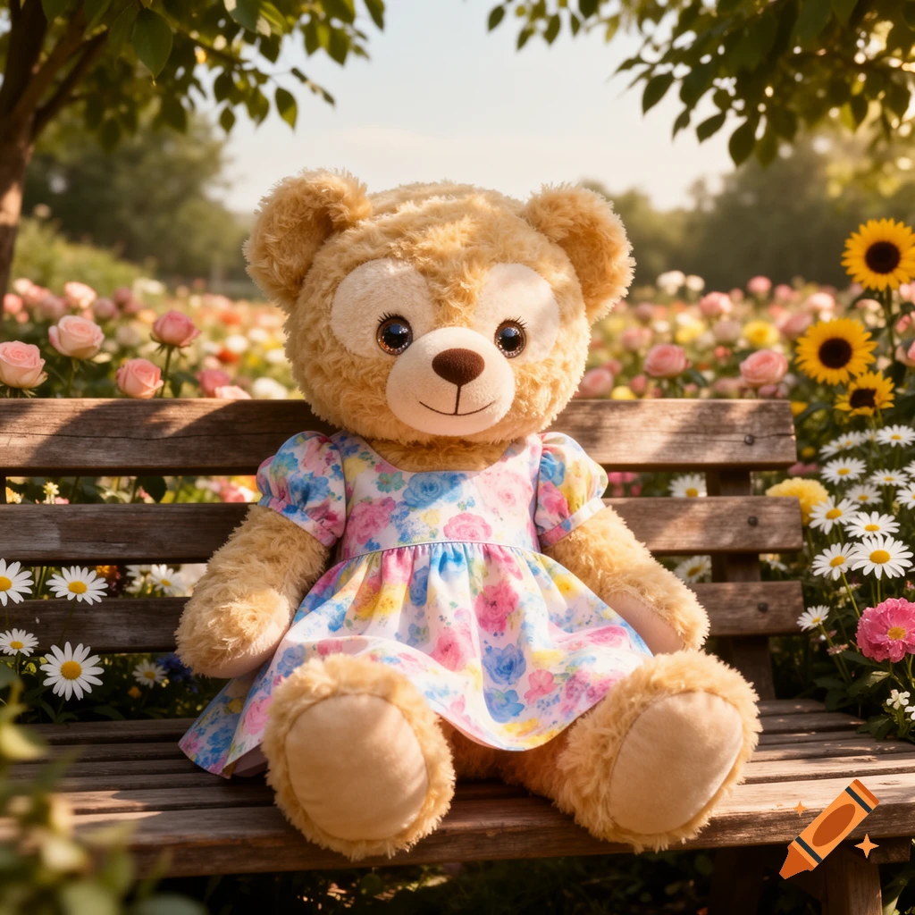 A cute fluffy teddy bear in a floral dress sits on a wooden bench in a sunlit flower garden, surrounded by pink roses, daisies, and sunflowers.
