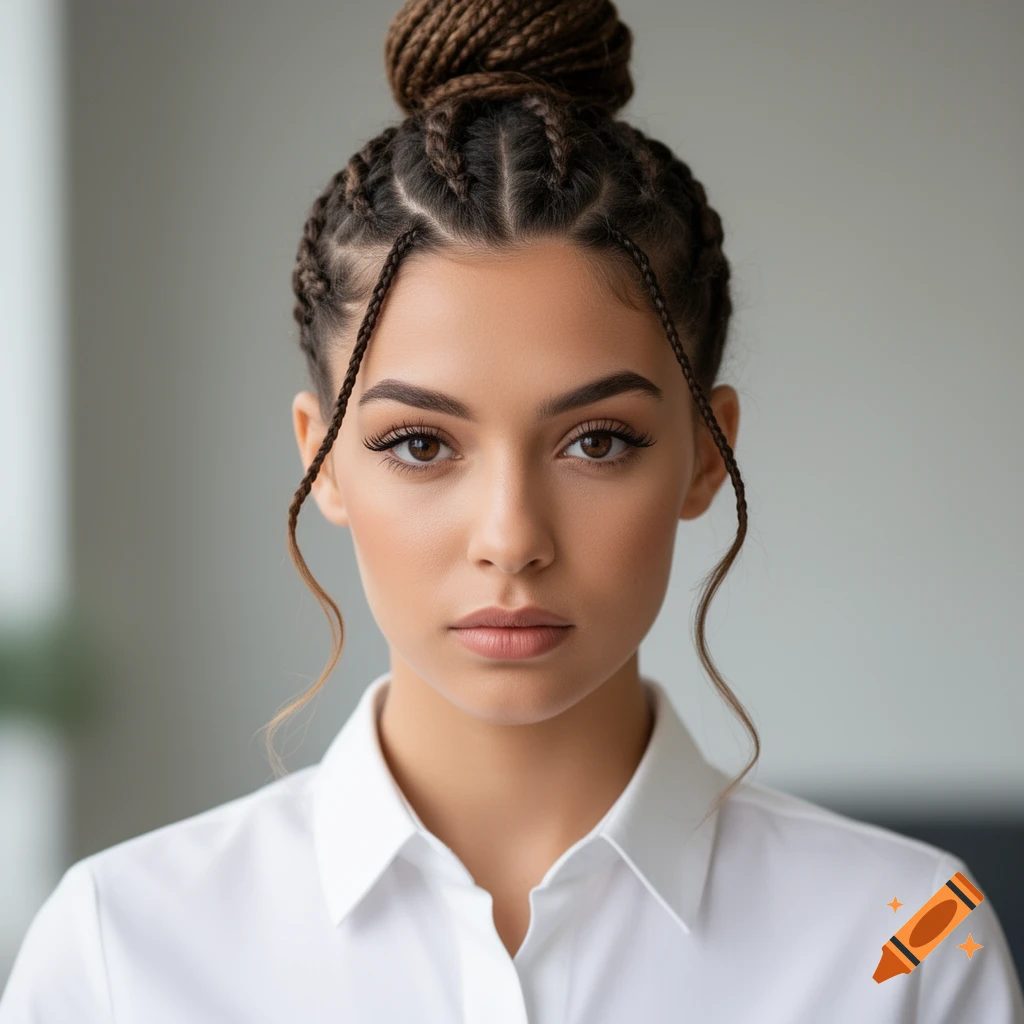 Photorealistic portrait of a brown-skinned woman with Dutch braids in a bun and two face-framing strands, wearing a white business shirt.