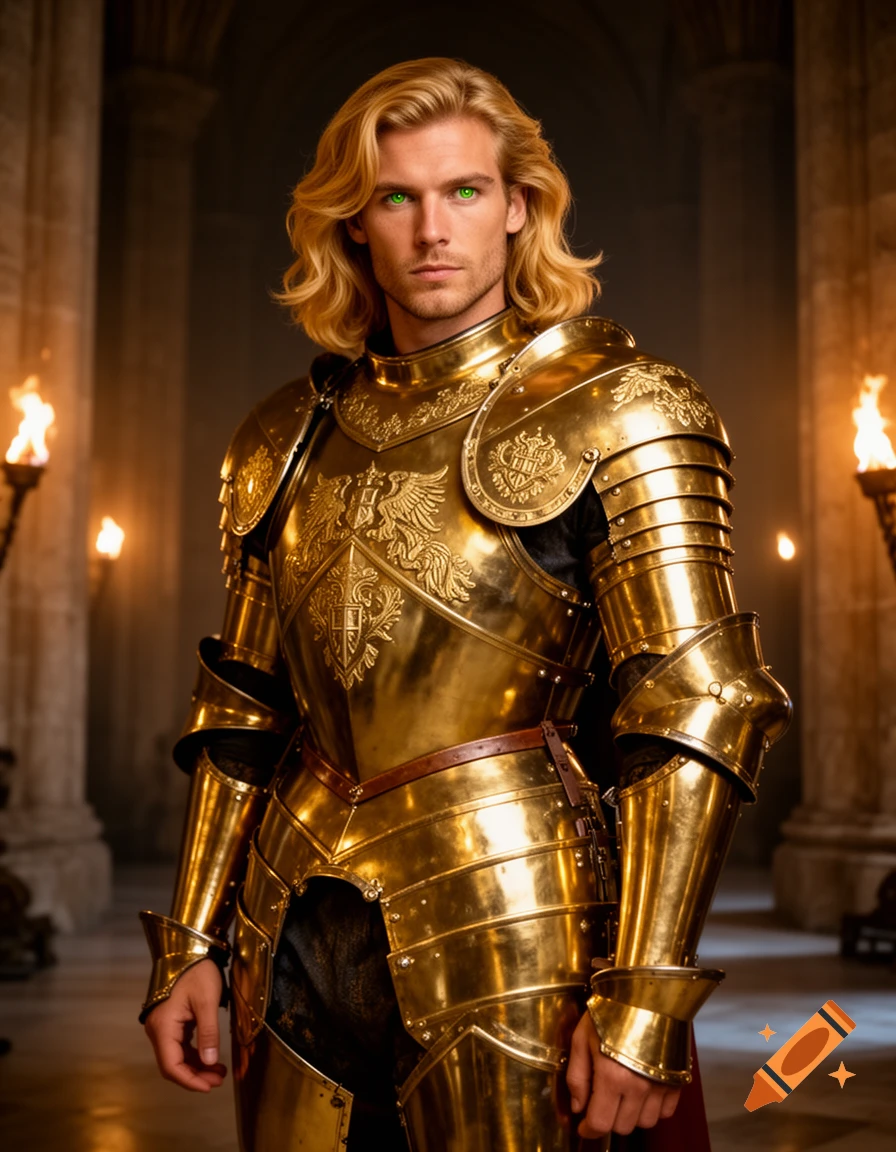 A handsome knight with shoulder-length blonde hair and striking green eyes wears shining golden armor in a dimly lit stone hall.