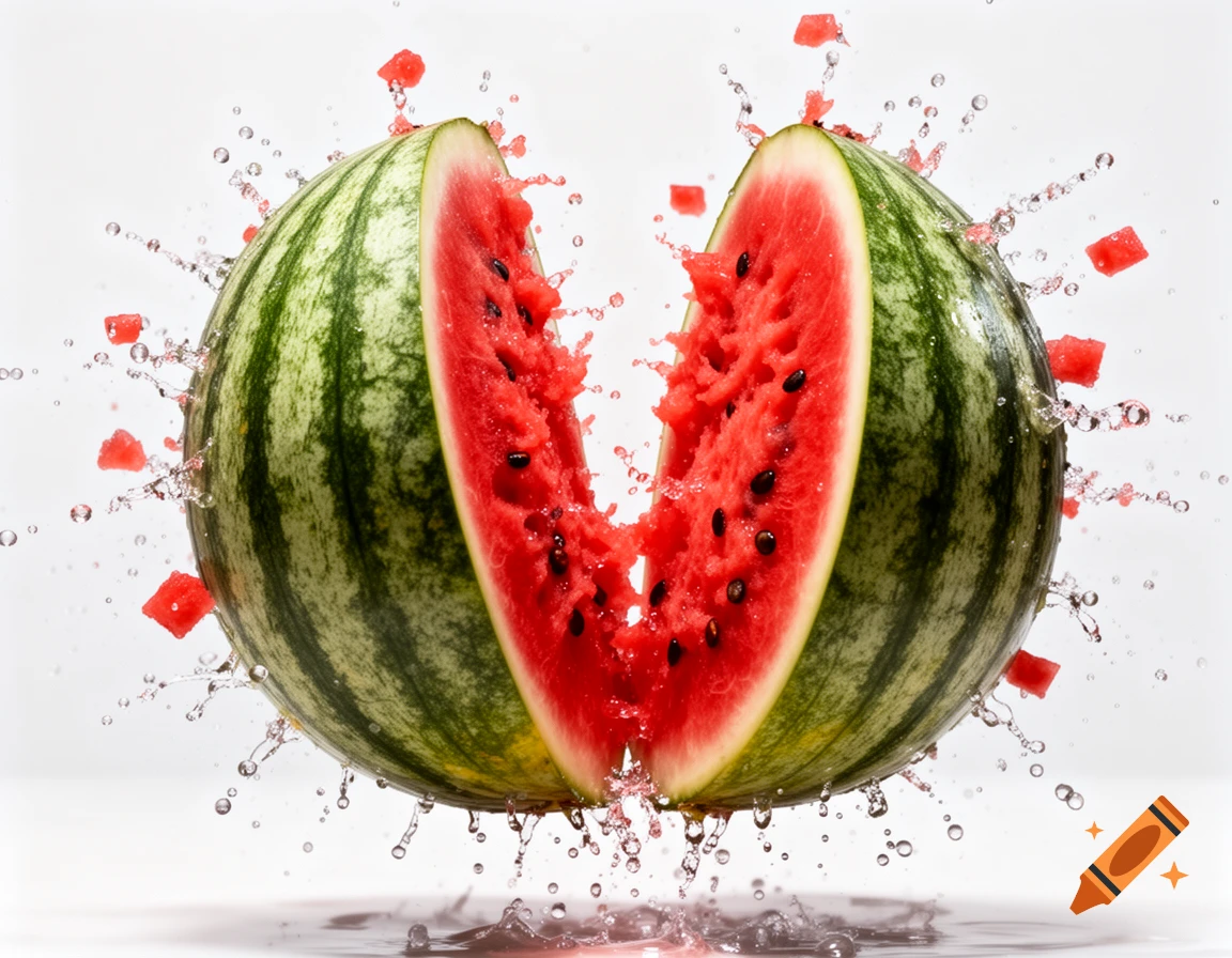 A photorealistic image of a watermelon split in half, with water and pieces dynamically splashing outwards against a white background.