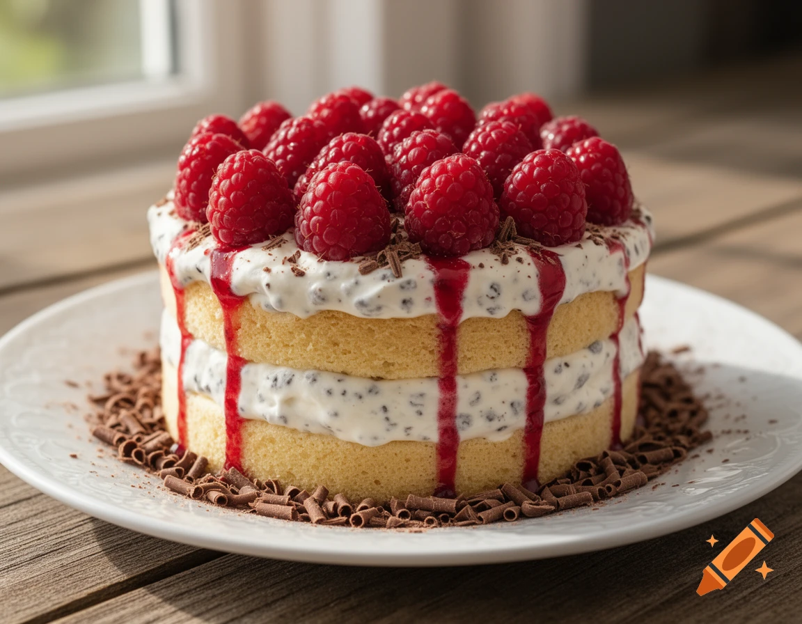 A photorealistic close-up of a raspberry cake with cream filling, raspberry drizzle, and chocolate shavings on a white plate.