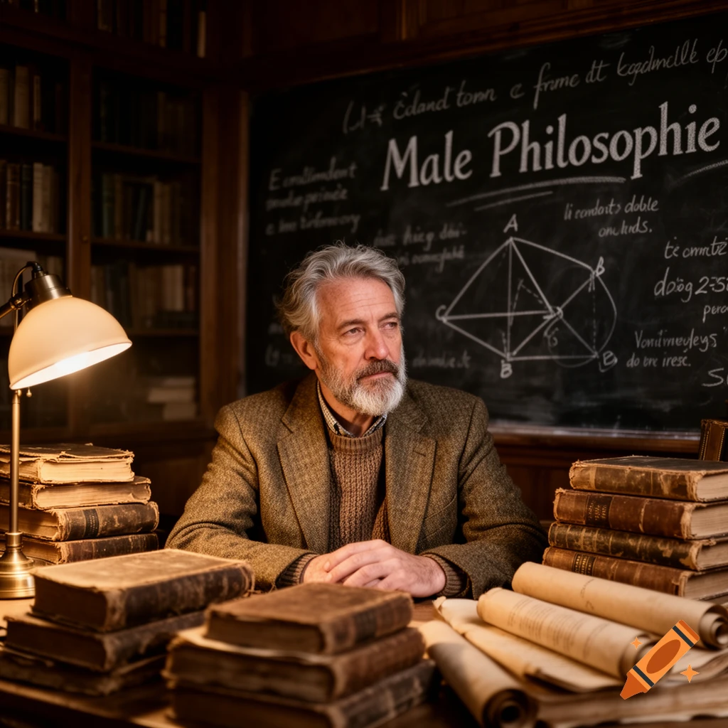 A thoughtful, grey-bearded man in a tweed jacket sits at a desk with old books. A chalkboard with 'Male Philosophie' and diagrams is behind him.