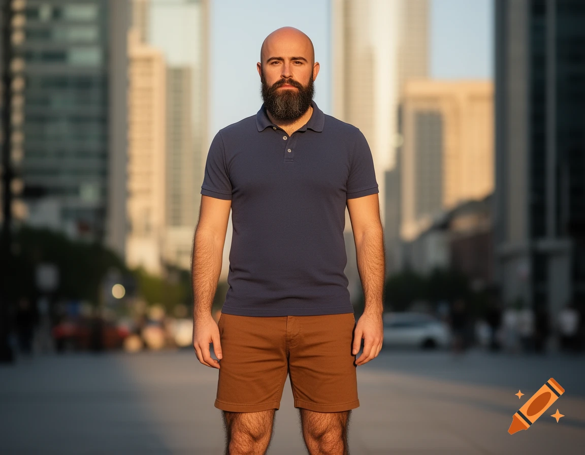 A bald, bearded man with hairy legs in a navy polo shirt and brown shorts stands in a city street at golden hour.