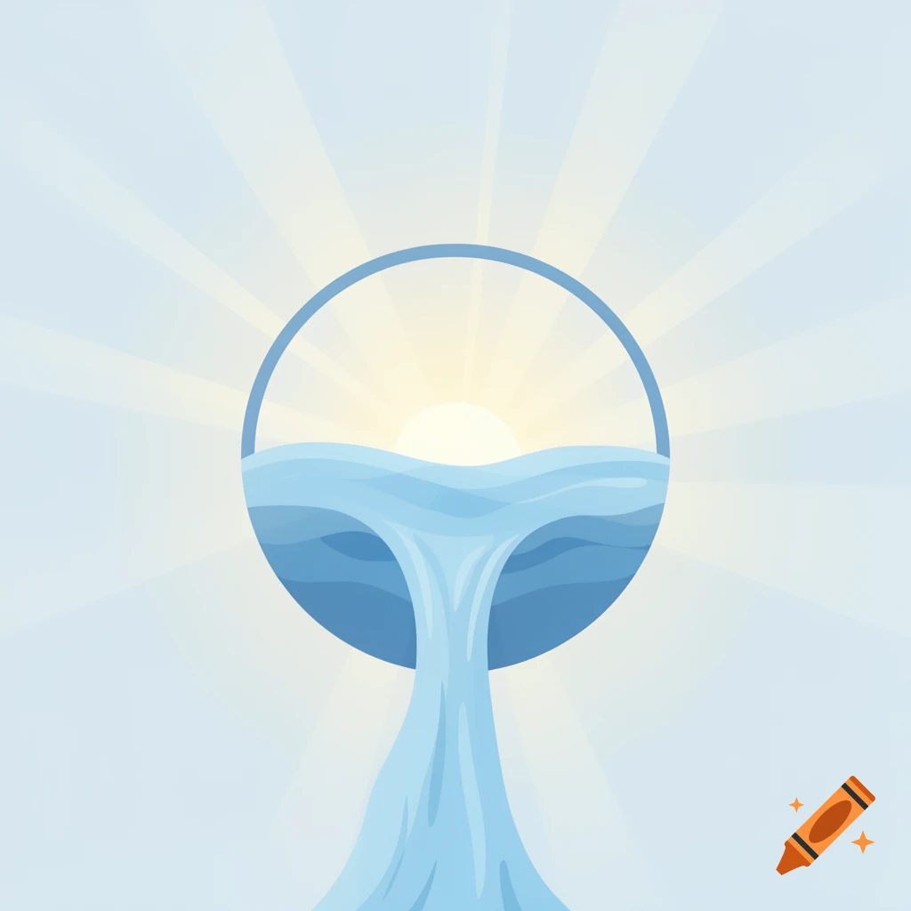 A stylized illustration of a circular opening with water flowing out, set against a background of sun rays.