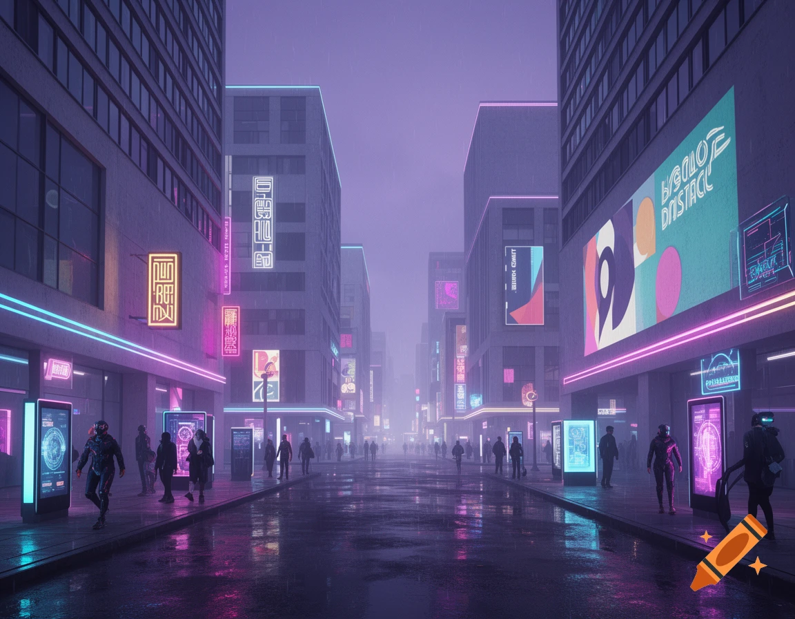 Rainy cyberpunk city street with tall buildings, pedestrians, and neon signs under a purple sky, in a futuristic style.