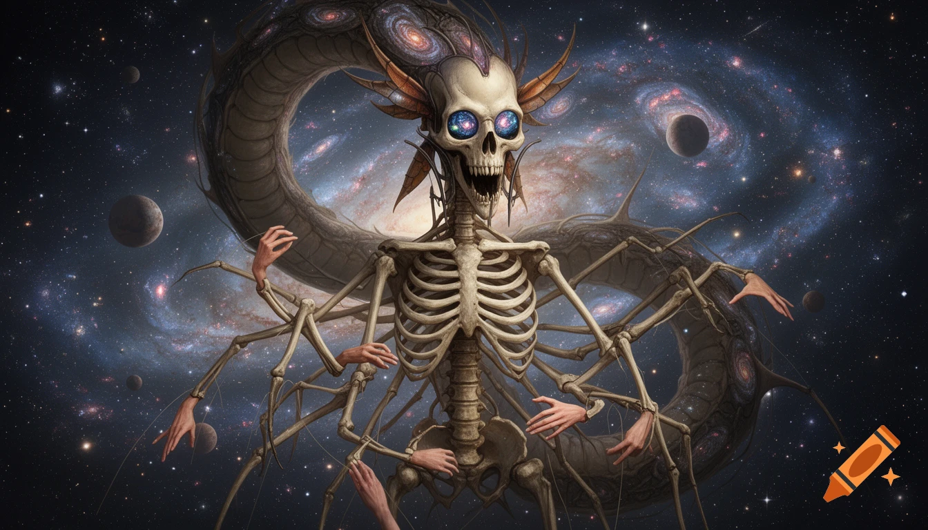 A monstrous skeletal creature with galaxy-filled eyes and multiple human hands on insectoid limbs, against a cosmic background.