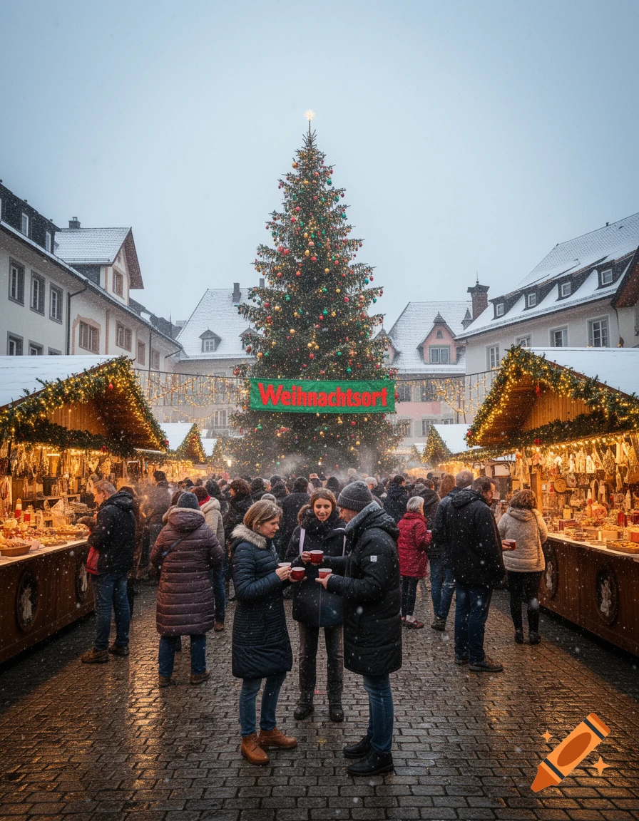 A snowy Christmas market bustling with people, featuring festive stalls, a large decorated Christmas tree, and snow-covered buildings.