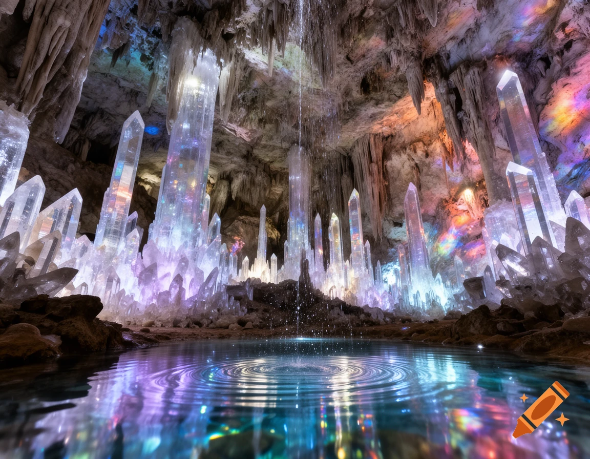 A fantastical crystal cave with towering, glowing crystals reflecting colorful light in a shallow pool of water, under dripping stalactites.