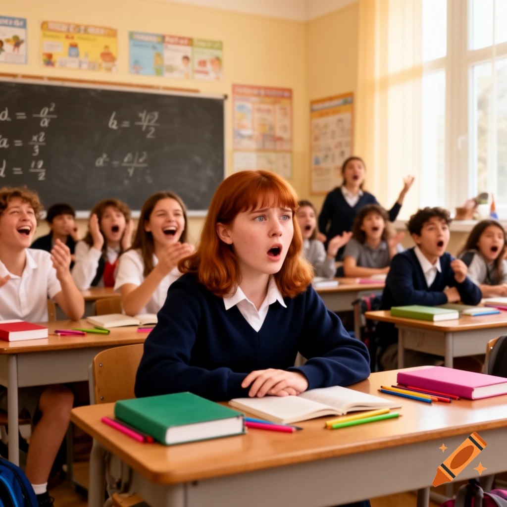 A class of diverse students in a classroom react with surprised and laughing expressions, focused on something out of frame. A red-haired girl in the foreground has her mouth open in shock.