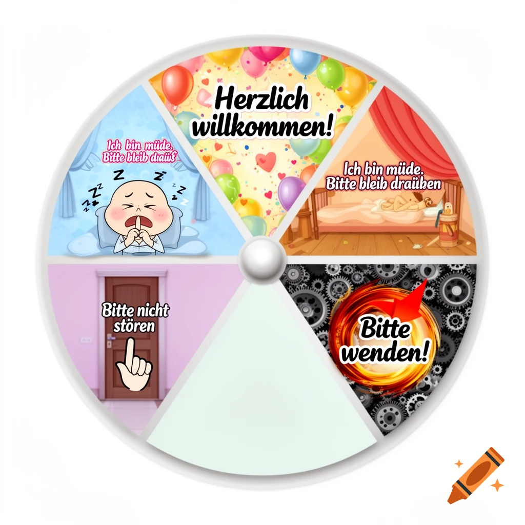 A cartoon-style spin wheel with six segments. Four segments contain illustrations and text: 'Herzlich willkommen!' with balloons, a sleeping character with 'Ich bin müde. Bitte bleib drauß', a sleeping person in bed with 'Ich bin müde. Bitte bleib draußen', and a pointing finger on a door with 'Bitte nicht stören'. Another segment shows gears with a red arrow and 'Bitte wenden!'. One segment is empty.