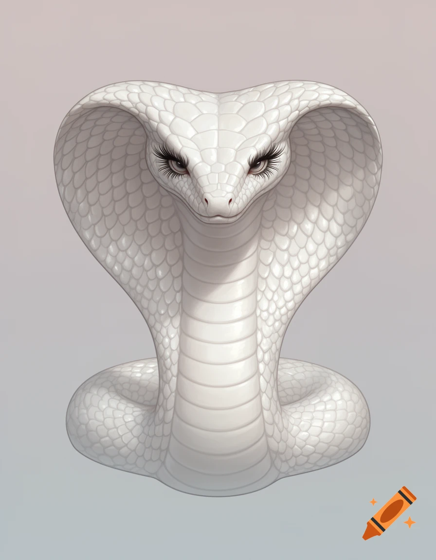 A stylized 2D art portrait of a white cobra with long eyelashes and an open hood.