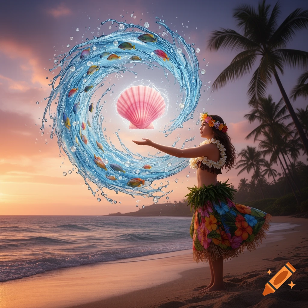 A woman in Hawaiian attire conjures a glowing pink seashell with a spiral of water and fish on a beach at sunset.
