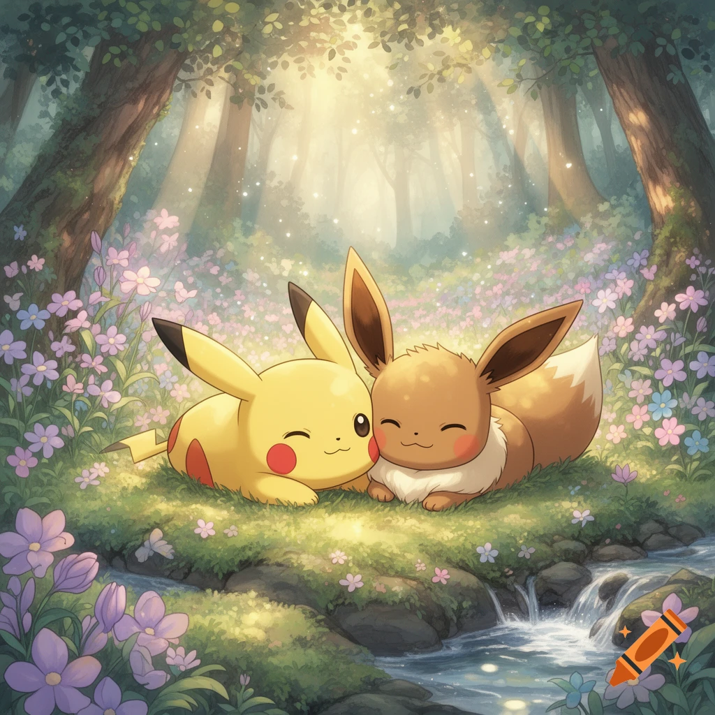Pikachu and Eevee cuddle happily in a vibrant, magical forest with purple and pink flowers and a small stream, bathed in sunlight.