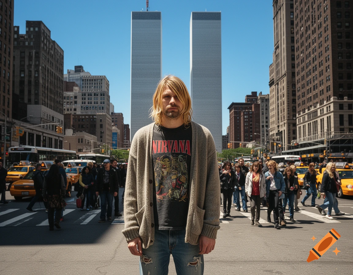 A photorealistic image of Kurt Cobain standing in the middle of a New York City street with the Twin Towers in the background, surrounded by people and yellow cabs.