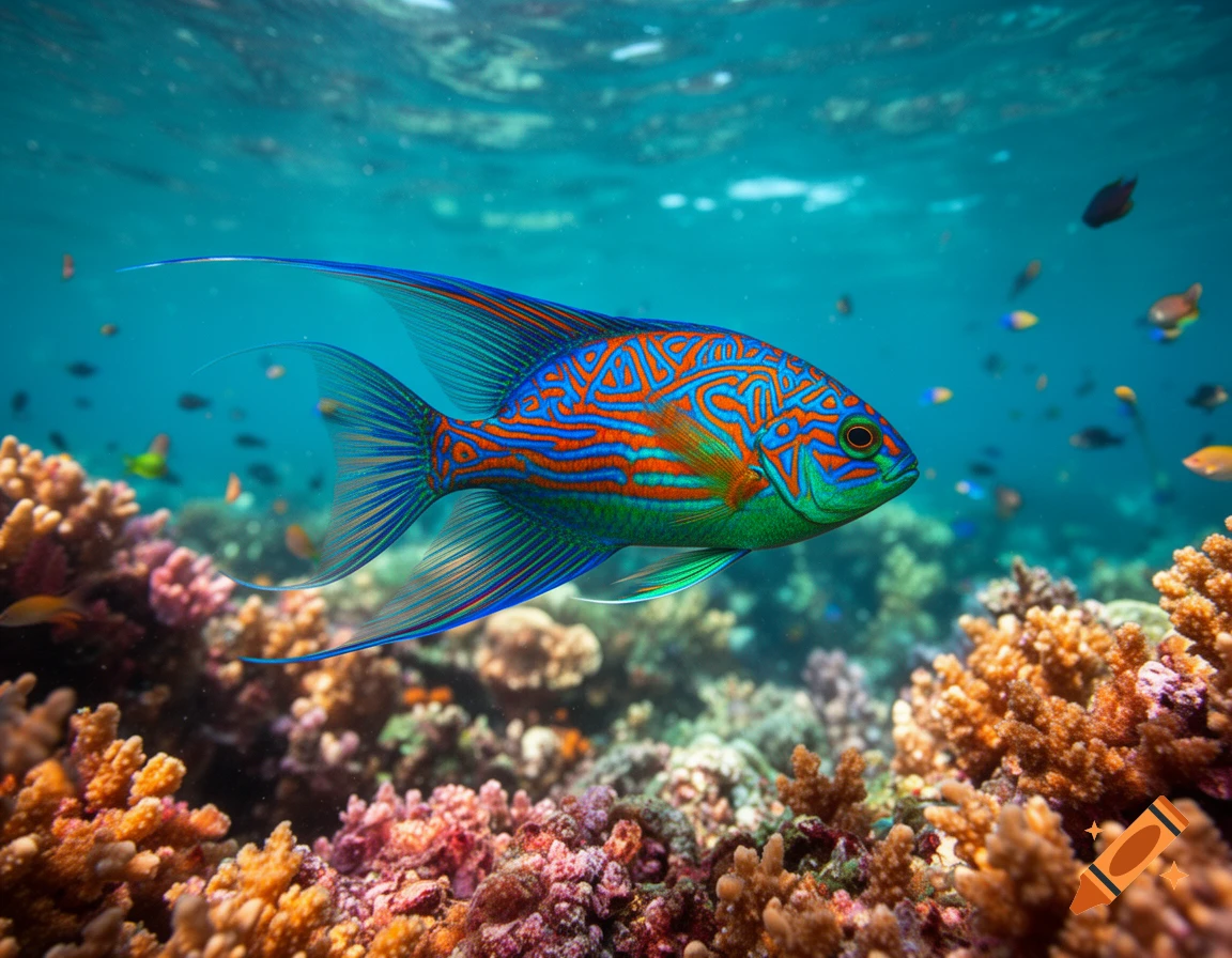 A vibrant fish with blue, orange, and green patterns swims above a colorful coral reef in clear blue water.
