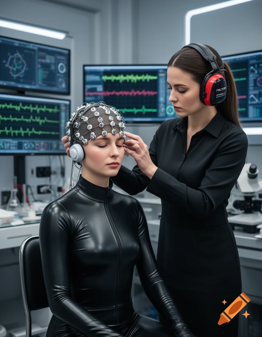 Two women in a lab, one in a latex suit and EEG cap, the other placing earmuffs on her. Photorealistic.