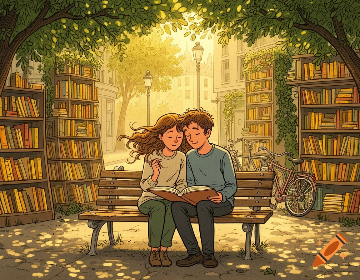A teenage couple reads a book on a bench in a sunlit outdoor library, surrounded by bookshelves, in an illustrative style.