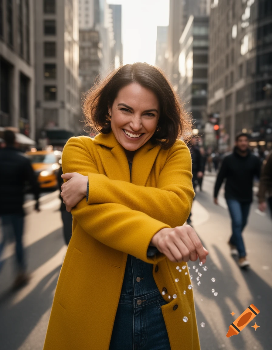 A smiling woman in a yellow coat and denim overalls, scattering clear objects from her hand on a sunny city street.