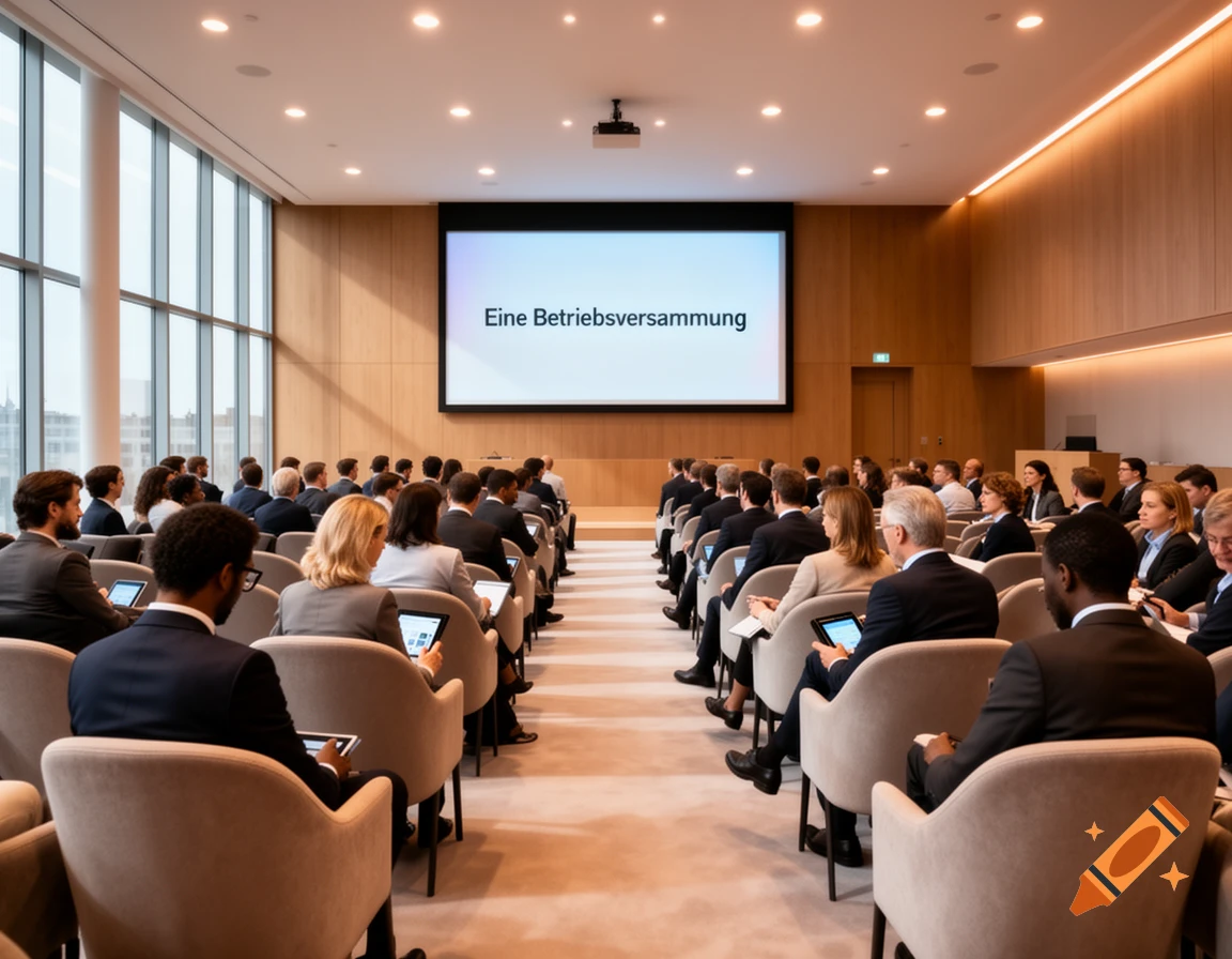 A wide shot of a large conference room with attendees seated in rows, facing a screen displaying 'Eine Betriebsversammlung'.