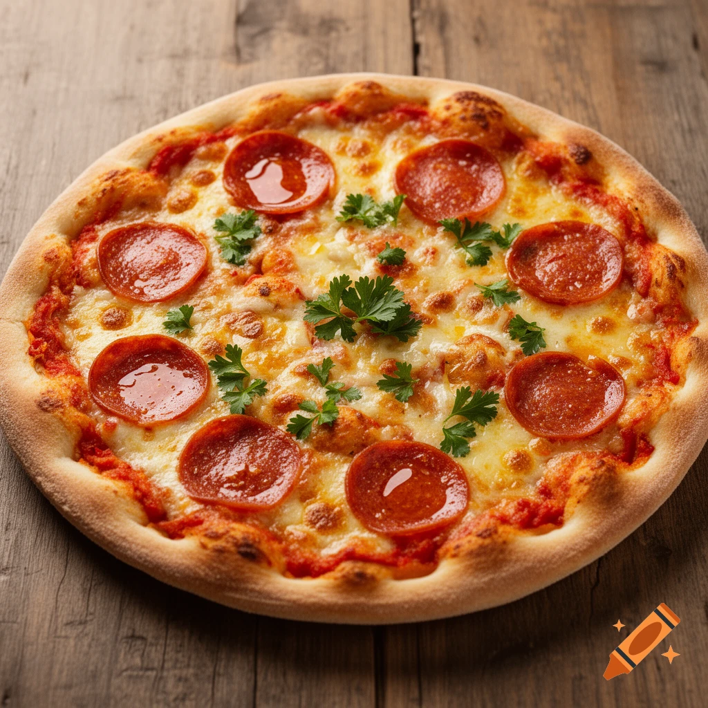 A photorealistic pepperoni pizza with melted cheese and fresh parsley sits on a rustic wooden table.
