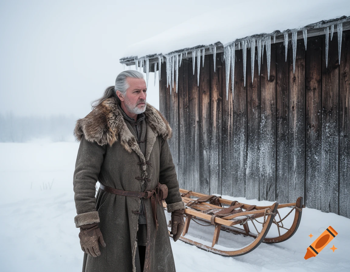 An older man with a gray ponytail in winter clothing stands in front of a snowy wooden shed with icicles, a dog sled to the side. Photorealistic.