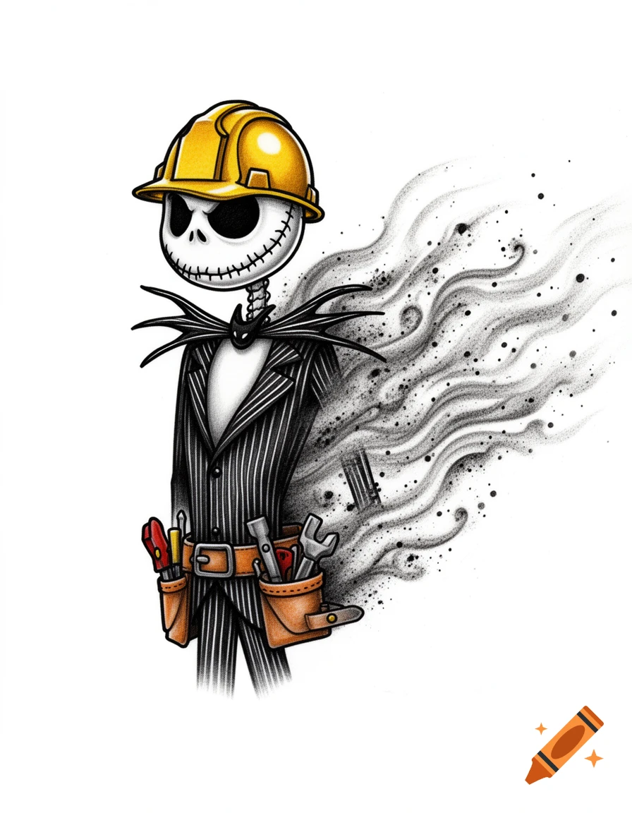 Jack Skellington in a pinstripe suit, yellow hard hat, and tool belt, dissolving into smoke, tattoo style on white.