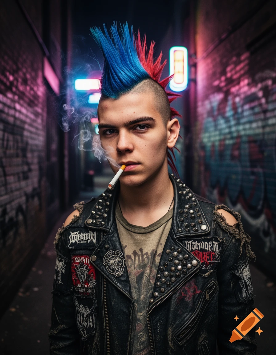 A young punk with a blue and red mohawk and studded leather jacket smokes a cigarette in a dark, graffiti-covered alley with neon lights.