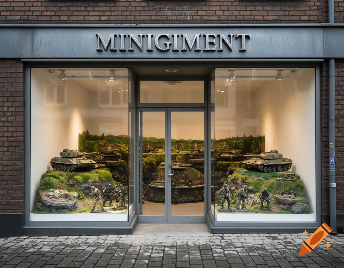 A storefront for a shop called "MINIGIMENT" displaying detailed miniature tank and soldier dioramas in its windows.
