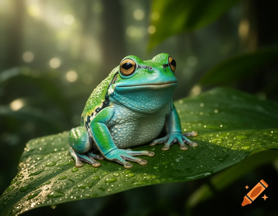 A vibrant green and blue frog sits on a large, wet green leaf in a photorealistic style.