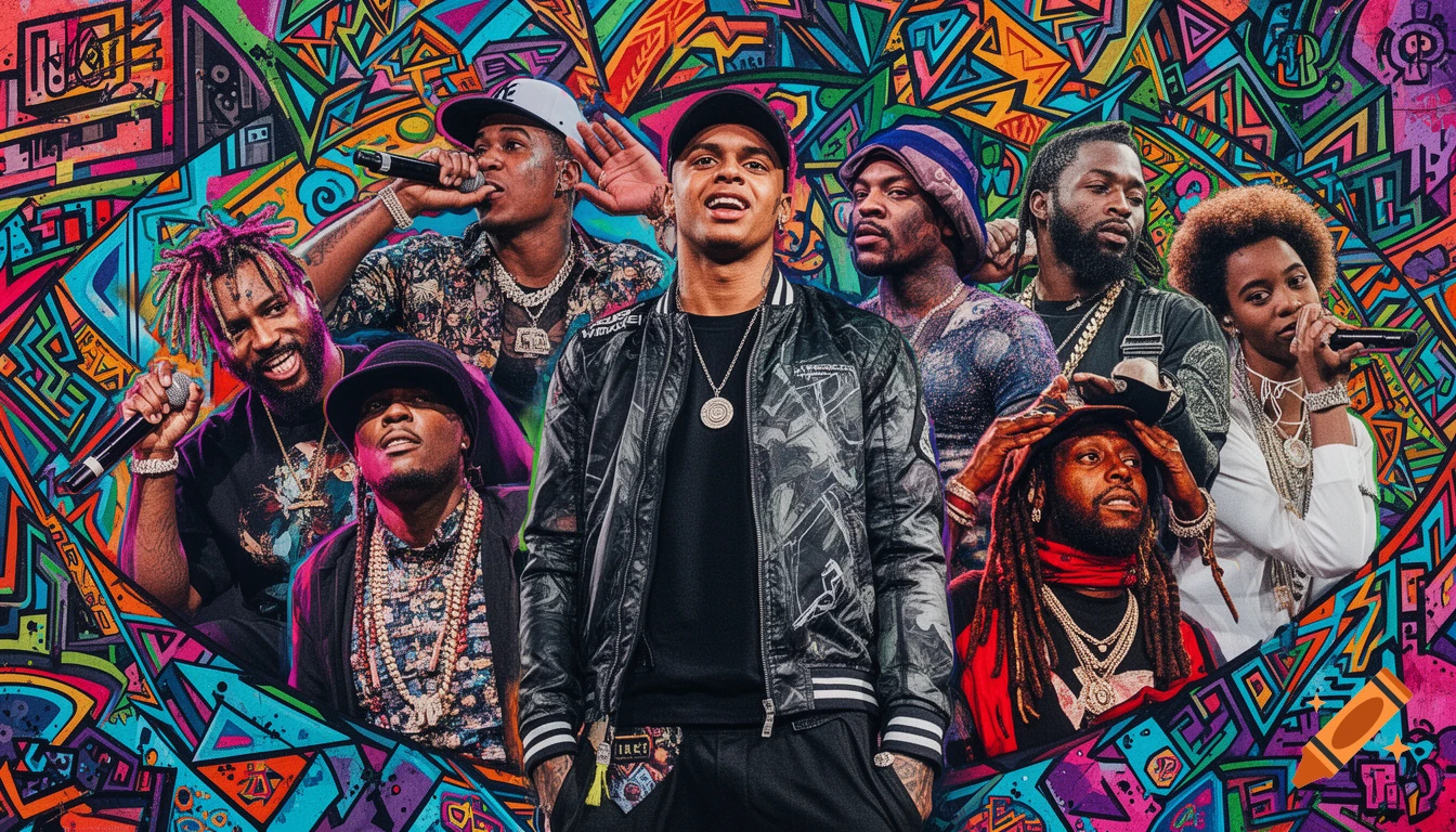 A vibrant, colorful collage-style wallpaper featuring multiple rappers in a stylized, graffiti-like setting, adorned with jewelry.