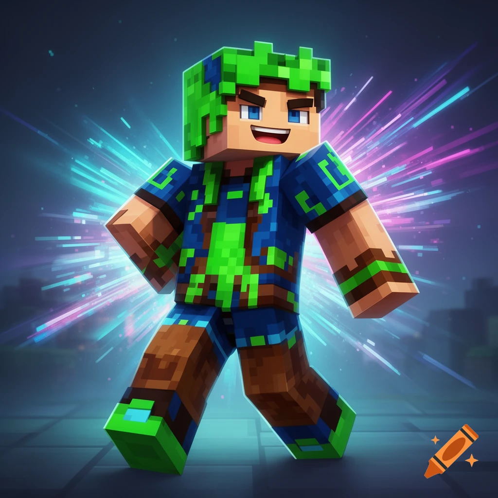 A blocky Minecraft-style character with green hair and blue and green clothing stands against a backdrop of glowing neon light bursts.