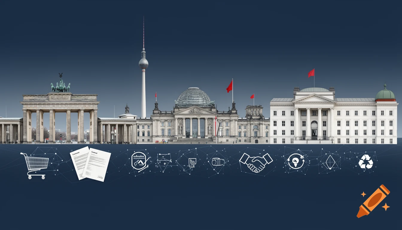 A stylized Berlin skyline with Brandenburg Gate, TV Tower, Reichstag, and Bellevue Palace. Below are line icons for shopping cart, documents, network, handshake, and recycling, on a dark blue background.