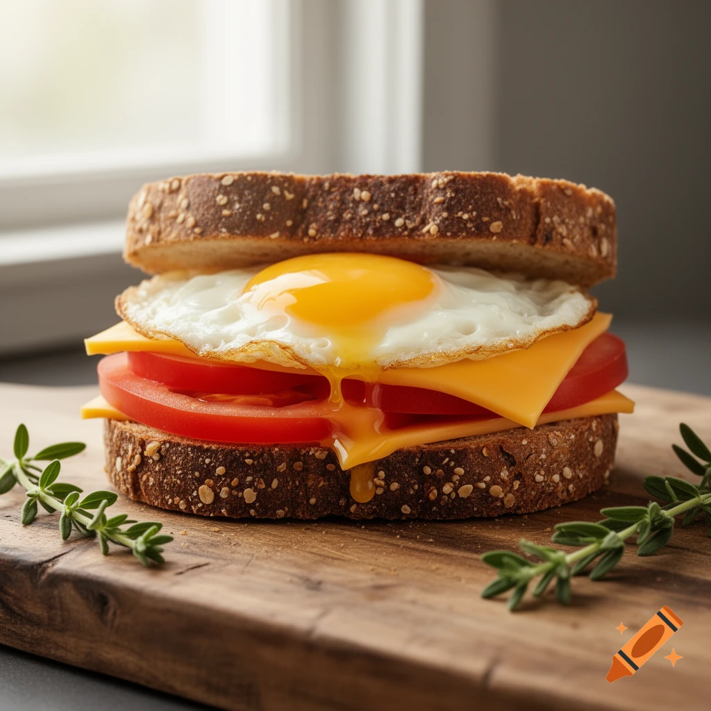 Photorealistic breakfast sandwich with a runny fried egg, cheese, tomato slices, and fresh herbs on whole grain toast.