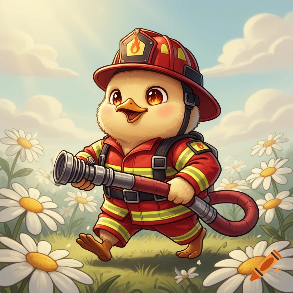 A cute cartoon chick dressed as a firefighter, holding a fire hose, walking through a sunny field of white daisies.