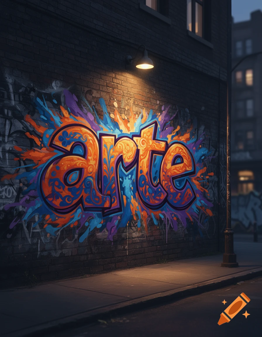 A vibrant, colorful graffiti mural spelling "arte" on a dark brick wall under a street light at night.