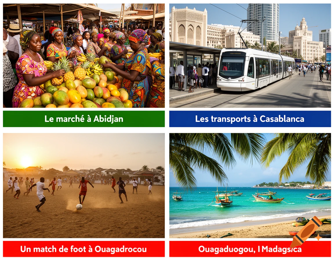 A collage of four vibrant photos: an African fruit market, a tram in Casablanca, a soccer game in Ouagadougou, and a tropical beach with boats.