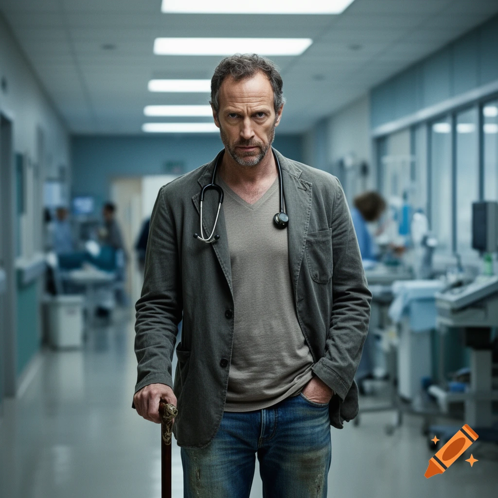 A man resembling Dr. House, wearing a jacket and stethoscope, holds a cane in a hospital hallway.