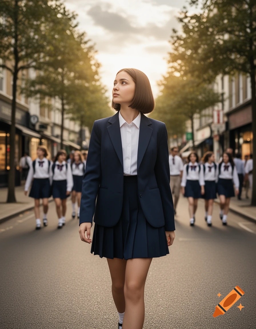 A young female student in a dark blue school uniform walks confidently down a city street with other students, under a warm sunset sky.