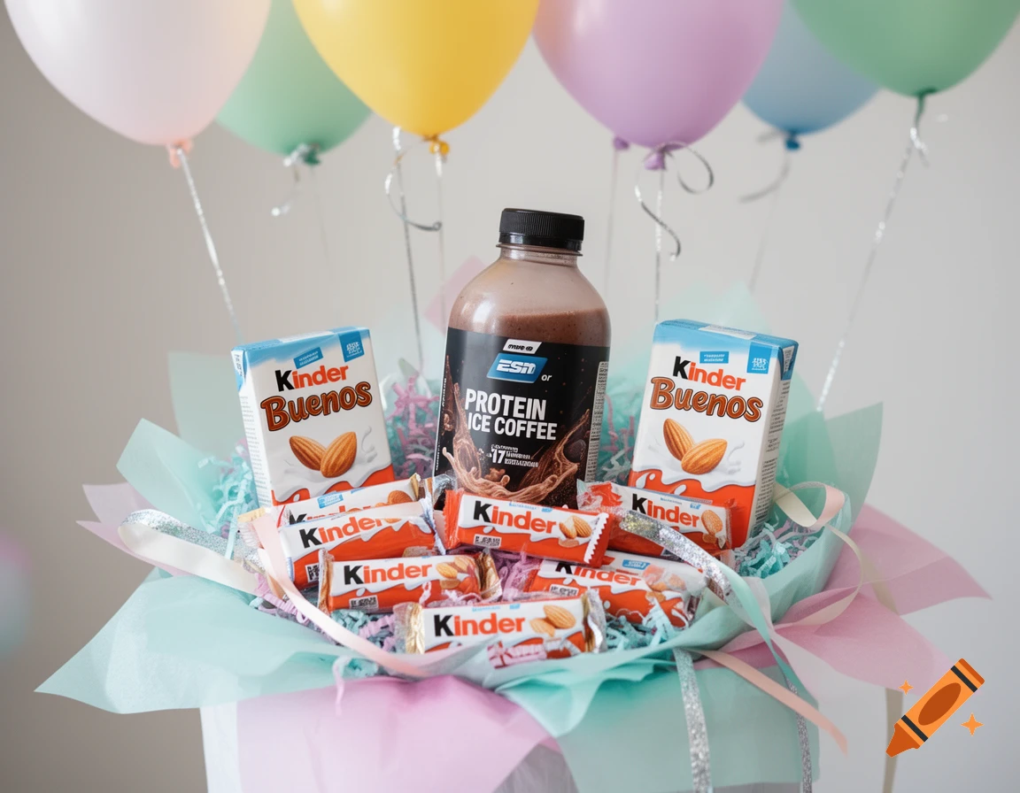 A colorful gift arrangement features Kinder Buenos chocolates, a protein ice coffee bottle, and cartons, with pastel balloons in the background.