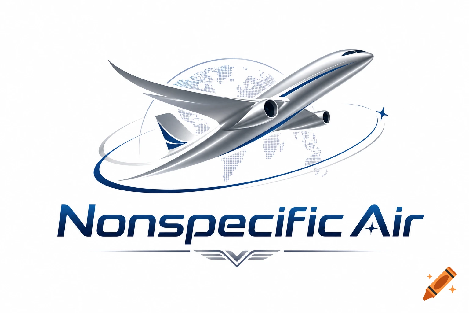 Logo for Nonspecific Air featuring a silver airplane flying over a blue world map, with swooping lines and a star.
