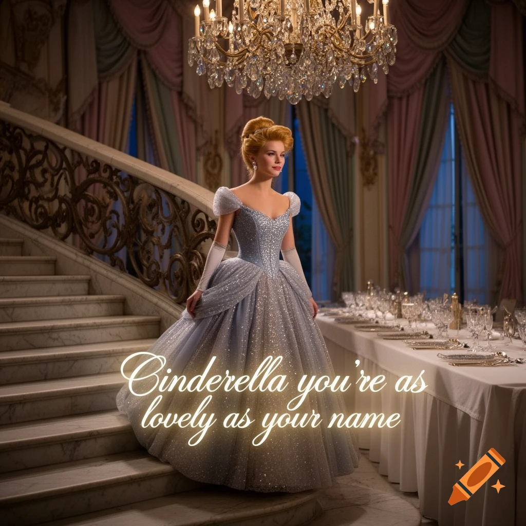 Cinderella in a sparkling blue ball gown stands on a grand staircase in a lavish ballroom, with a long dining table to her right. Text reads: "Cinderella you're as lovely as your name".