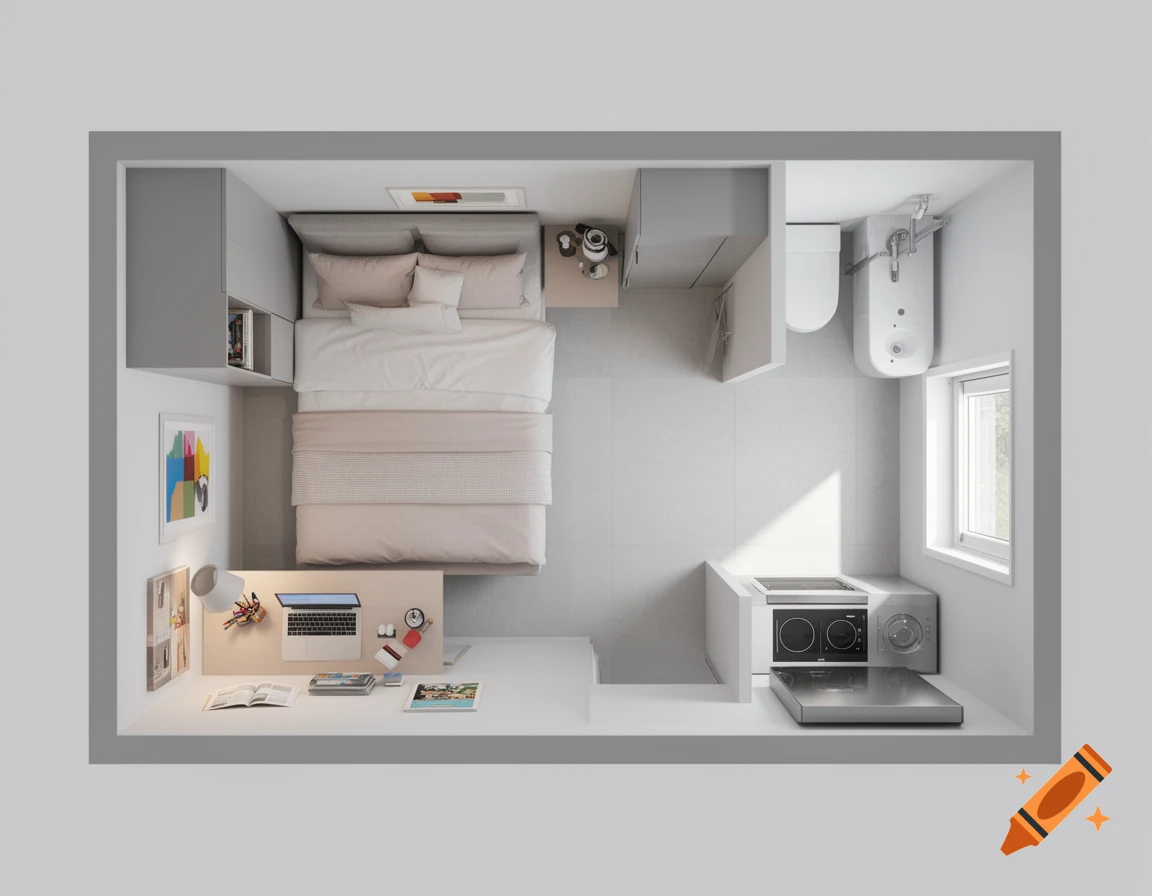 Overhead view of a modern studio apartment layout with a bed, desk, kitchen area, and bathroom.