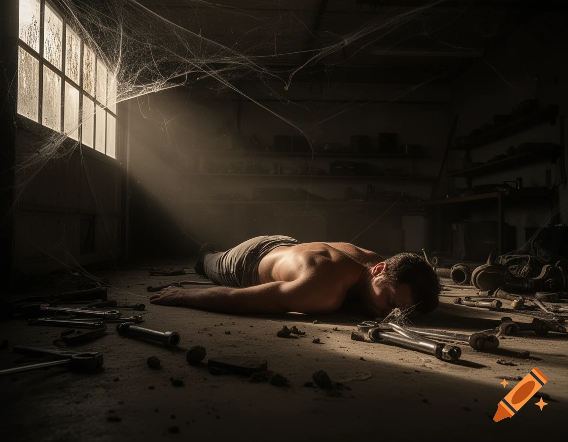 A shirtless man lies face down on the dusty floor of an old, spiderweb-filled garage, illuminated by a beam of light from a window.
