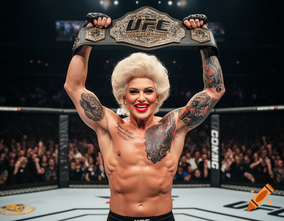 A muscular person with a blonde wig and red lipstick holds a UFC championship belt over their head in a fighting octagon, with a crowd in the background.