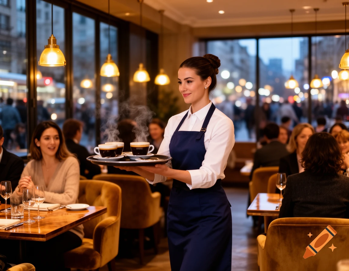 A smiling waitress in a white shirt and blue apron carries a tray with three steaming coffee cups through a bustling, warmly lit restaurant.